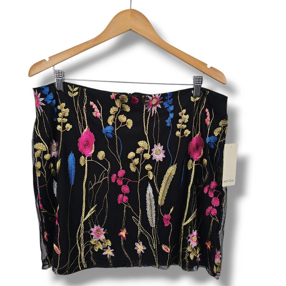 Hot Gal Mini Skirt XL Black Floral Embroidered Mesh Whimsigoth Cottage Fairy NEW